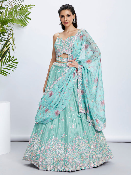 House of Panchhi Burgundy Georgette Sequins, Mirror And Thread Embroidery Lehenga Choli & Dupatta | Swadesiicart