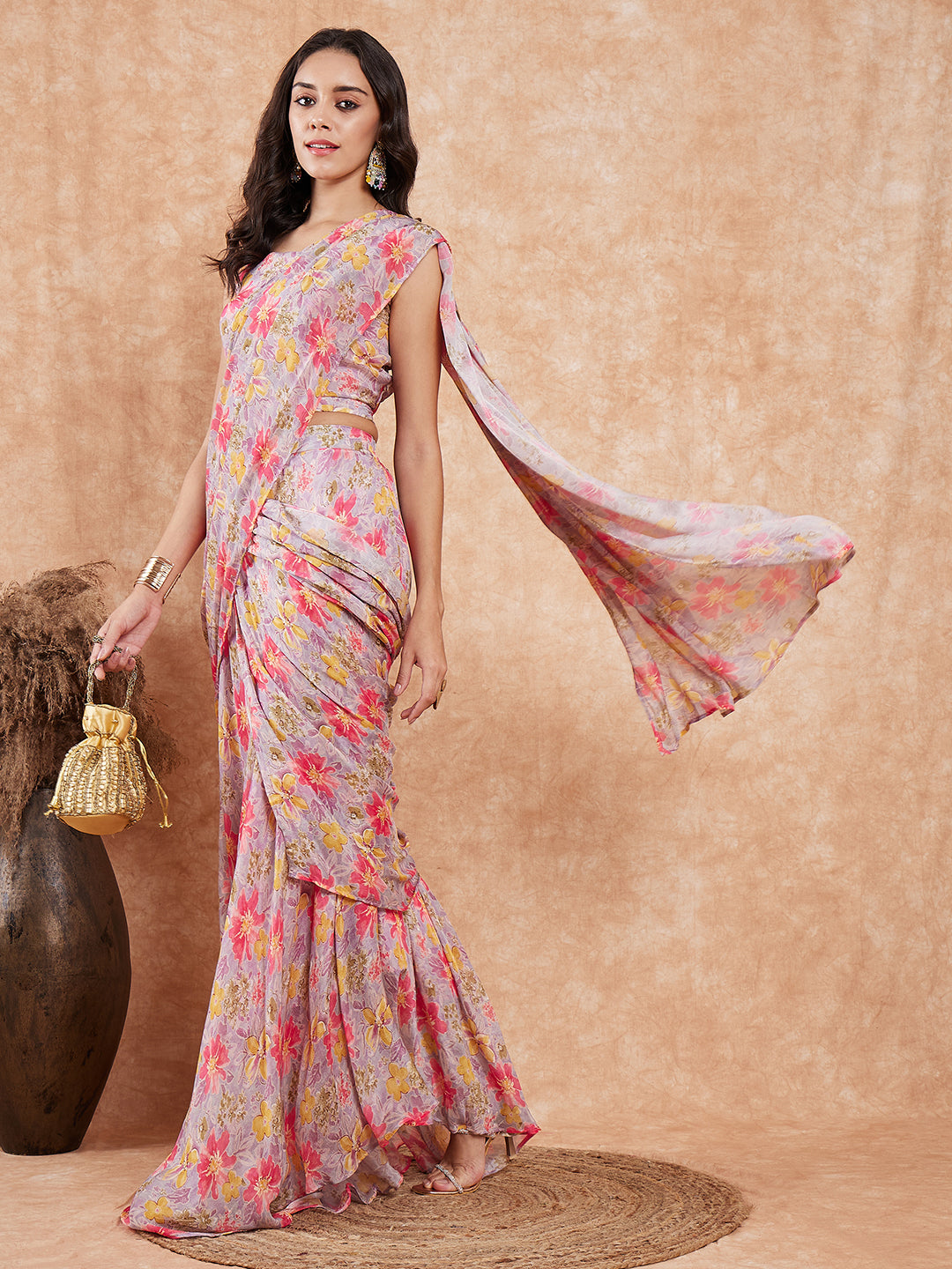InWeave Women's Pastel Mauve Hibiscus Floral Skirt Saree - Swadesiicart