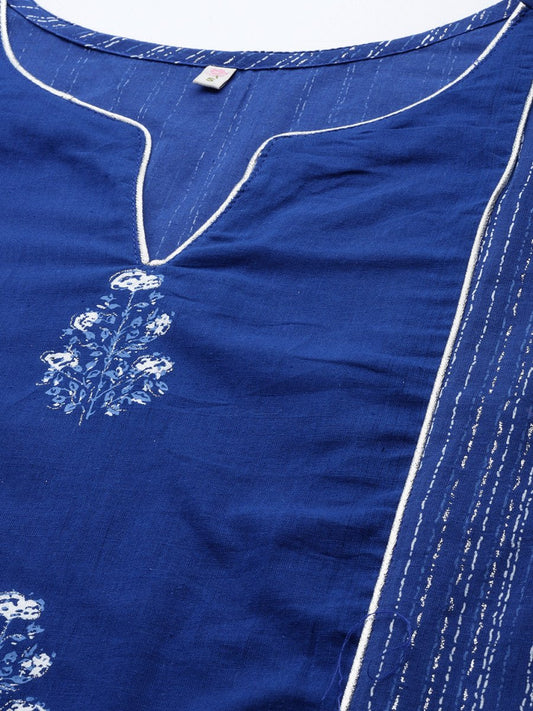 Ahalyaa Women Blue Floral Printed Pure Cotton Kurta with Trousers | Swadesiicart