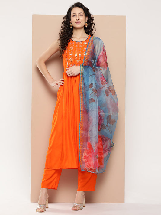 InWeave Women's Orange Mirror Work Aline Strappy Kurta Set Blue Fuchsia Or Dupatta - Swadesiicart