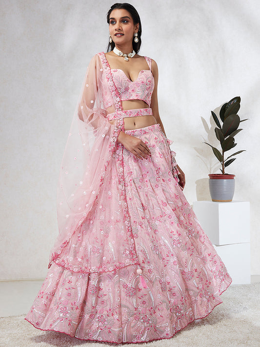 House of Panchhi Pink Georgette Sequins And Thread Embroidery Lehenga Choli & Dupatta