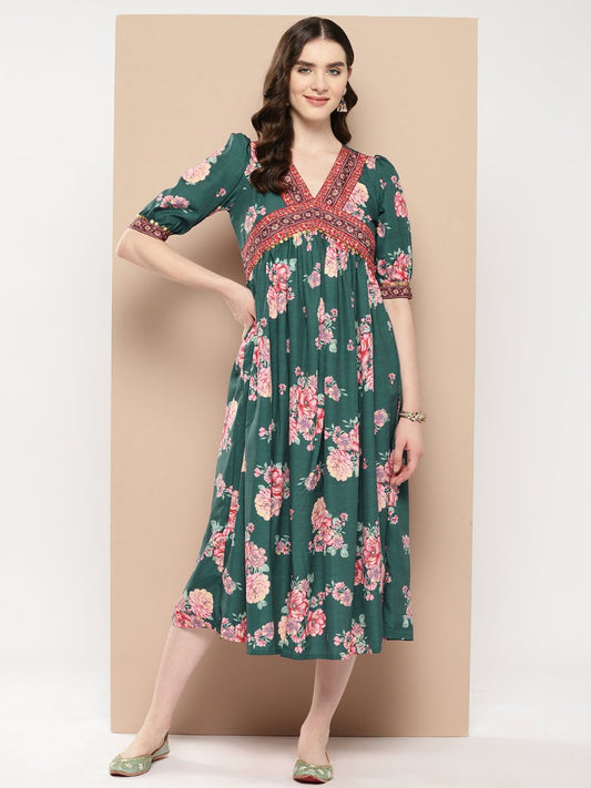 Ahalyaa Women Floral Printed Empire Ethnic Dress | Swadesiicart