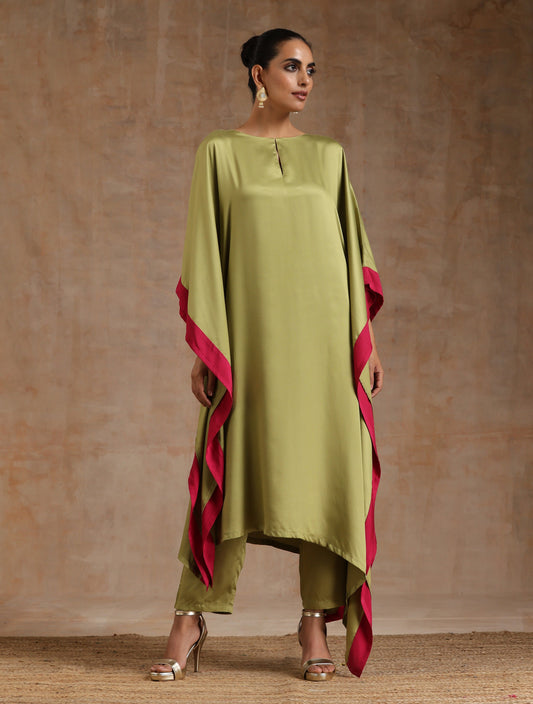 trueBrowns Light Green Modal Satin High-Low Kaftan Kurta Set | Swadesiicart