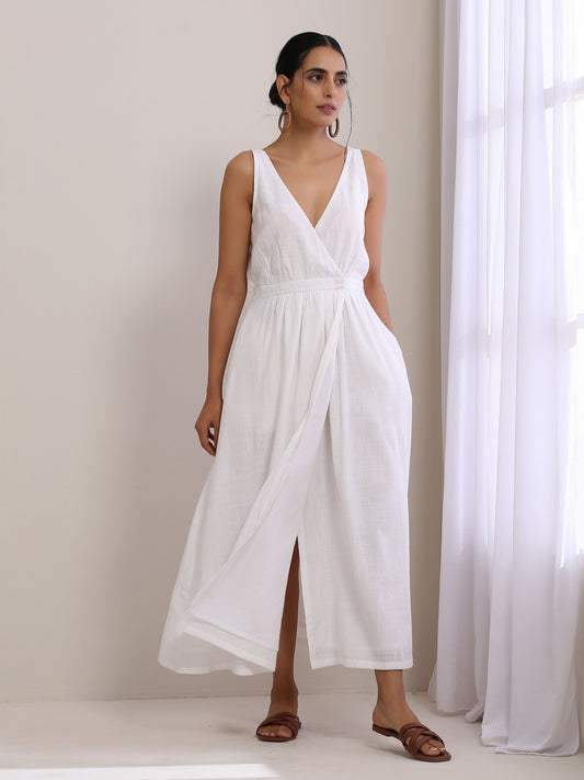 trueBrowns White Slub Texture Sleeveless Wrap Dress | Swadesiicart