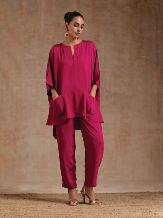 trueBrowns Pink Modal Satin Boxy Fit High-Low Co-Ord Set - Swadesiicart