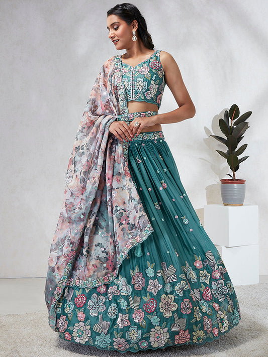 House of Panchhi Turquoise Blue Georgette Sequins And Thread Embroidery Lehenga Choli & Dupatta | Swadesiicart
