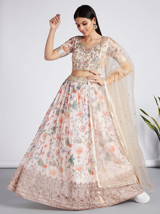 House of Panchhi Cream Colour Organza Floral Design Digital Print Lehenga Choli & Dupatta