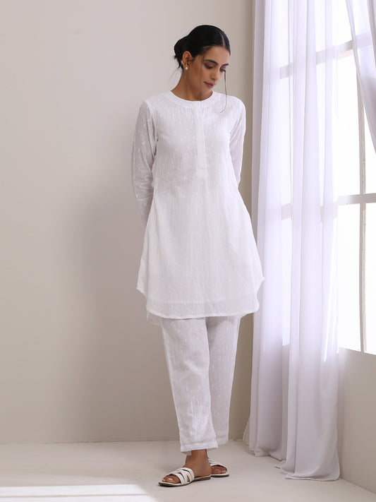 trueBrowns White Dobby Front Placket Co-Ord Set - Swadesiicart