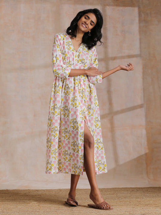 trueBrowns Pink Yellow Floral On White Block Print Cotton Wrap Dress | Swadesiicart
