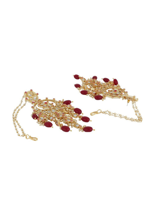 Anikas Creation Red & Gold-Polished Kundan Contemporary Chandbalis With Ear Chain Earrings | Swadesiicart