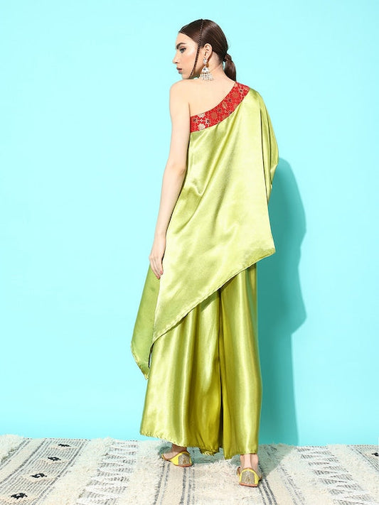 InWeave Women's Olive Red Brocade Satin Oneshoulder Kurta Set - Swadesiicart