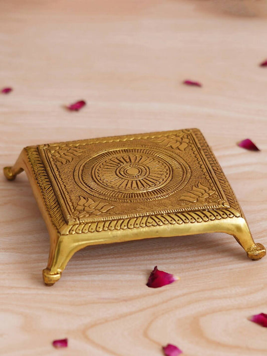 eCraftIndia Beige Lotus Flowers Engraved Pooja Chowki | Swadesiicart