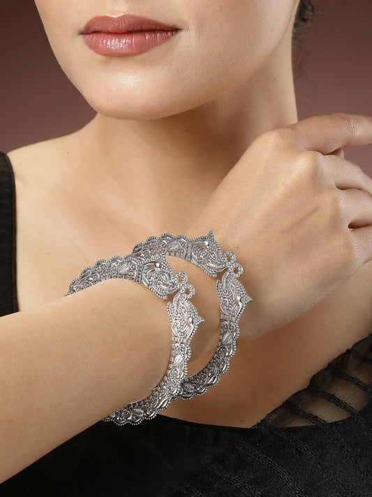 NVR Women's Set of 2 Silver-Toned German Silve Oxidised Elephant Design Handcrafted Bangles - NR Retail-NVR
