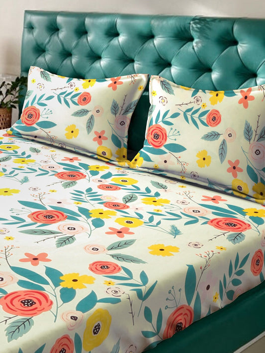 KLOTTHE White & Blue Floral Printed 300 TC King Bedsheet With 2 Pillow covers - Swadesiicart