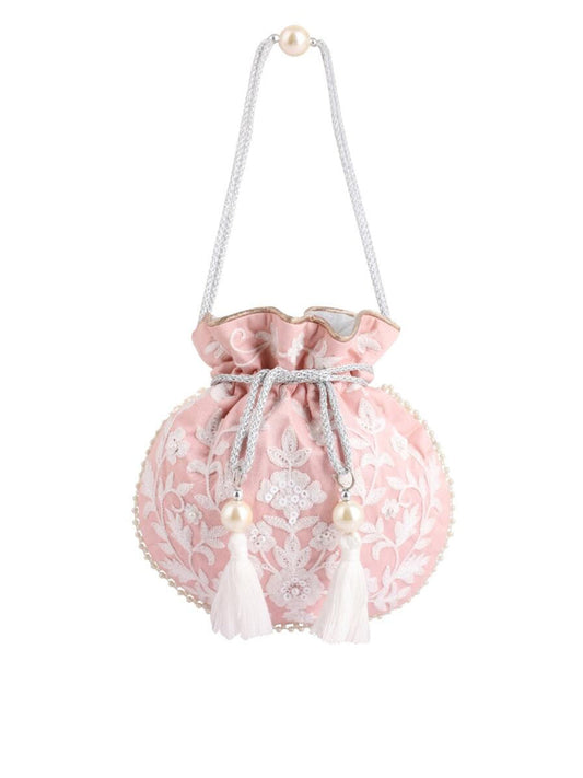 Masq Pink & White Embellished Embroidered Potli Clutch