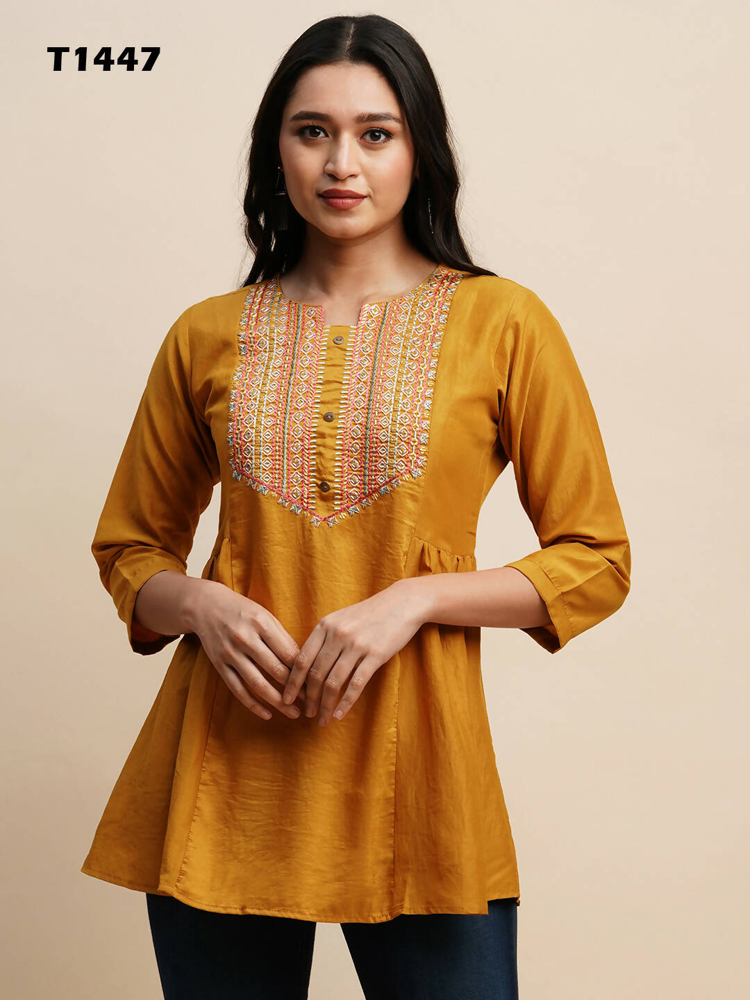 Mustard Chinon Embroidered Top - Tarini - Swadesiicart