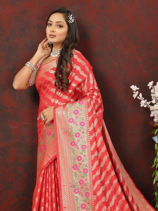 Lorenvalley Fashion Red Soft Silk Woven Design with Zari Weaving Leheriya Design Saree - Swadesiicart