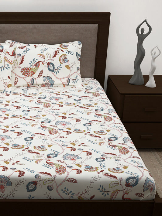 Story@home White & Yellow Ethnic Motifs Cotton 186 TC Queen Bedsheet With 2 Pillow Covers - Swadesiicart