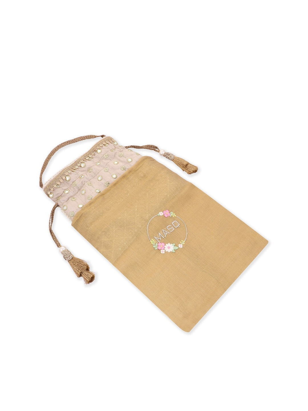 Masq Beige & Pink Embroidered Potli Clutch - Swadesiicart