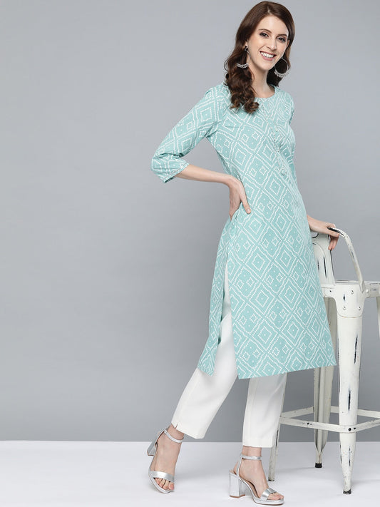 HERE&NOW Women Green & White Bandhani Print Straight Kurta - Swadesiicart