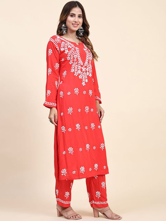 HOUSE OF KARI Floral Embroidered Chikankari Pure Cotton Straight Kurta With Trousers | Swadesiicart