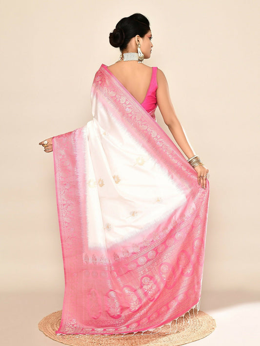 Joban Fashion White & Rani Pink Plain With Weaving Border Banarasi Silk Sarees | Swadesiicart