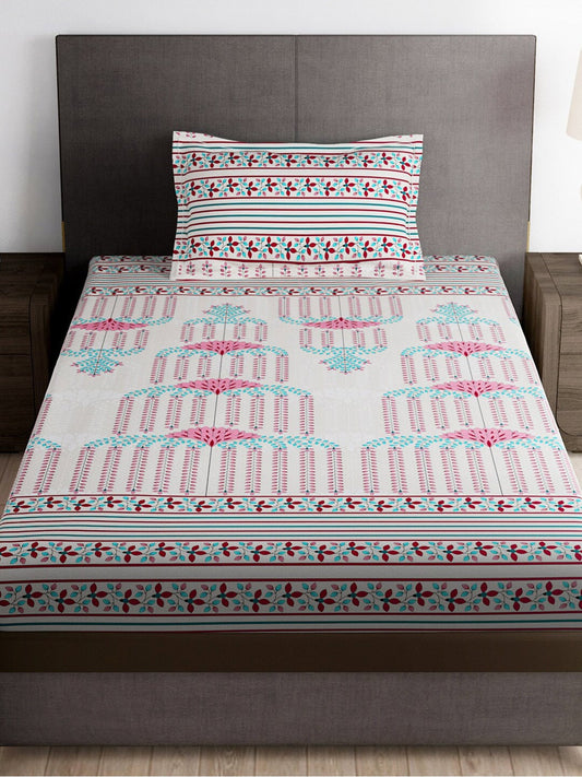 Story@home Grey & Pink Ethnic Motifs 180 TC Bedsheet with Pillow Cover - Swadesiicart