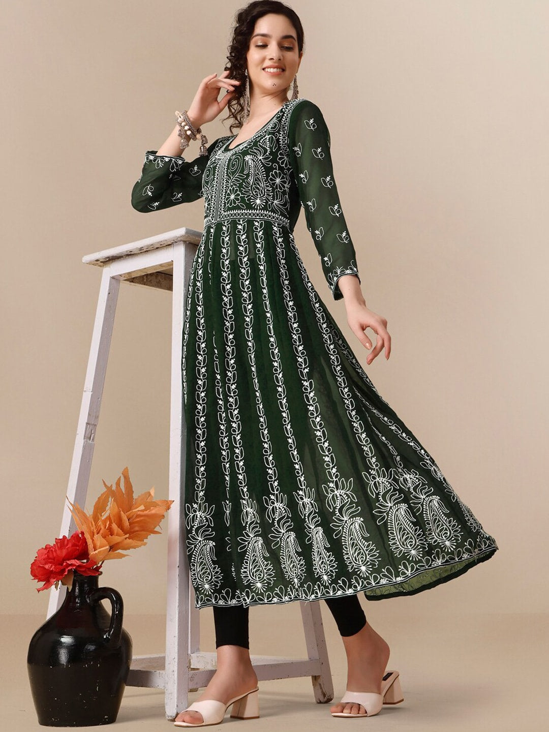 HERE&NOW Ethnic Motifs Embroidered Chikankari Georgette Anarkali Kurta | Swadesiicart