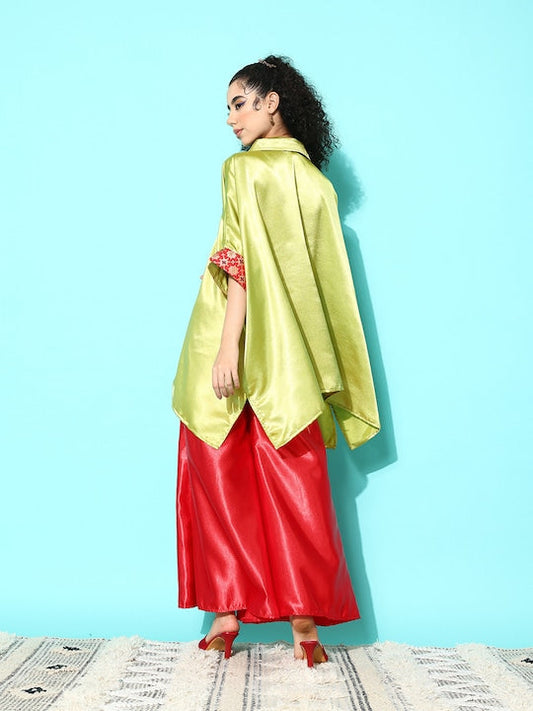 InWeave Women's Olive Red Brocade Satin Boho Kurta Red Palazzo Set - Swadesiicart
