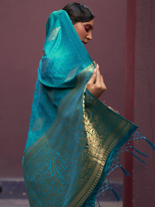 Mitera Teal & Gold-Toned Bagh Pure Silk Banarasi Saree | Swadesiicart