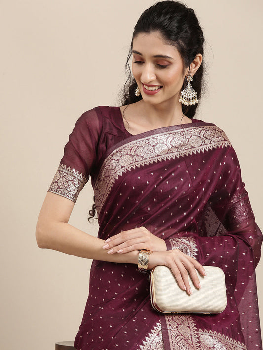 Saree Mall Maroon Woven Design Zari Silk Blend Banarasi Saree | Swadesiicart