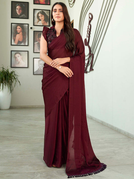 Tikhi Imli Solid Satin Saree | Swadesiicart