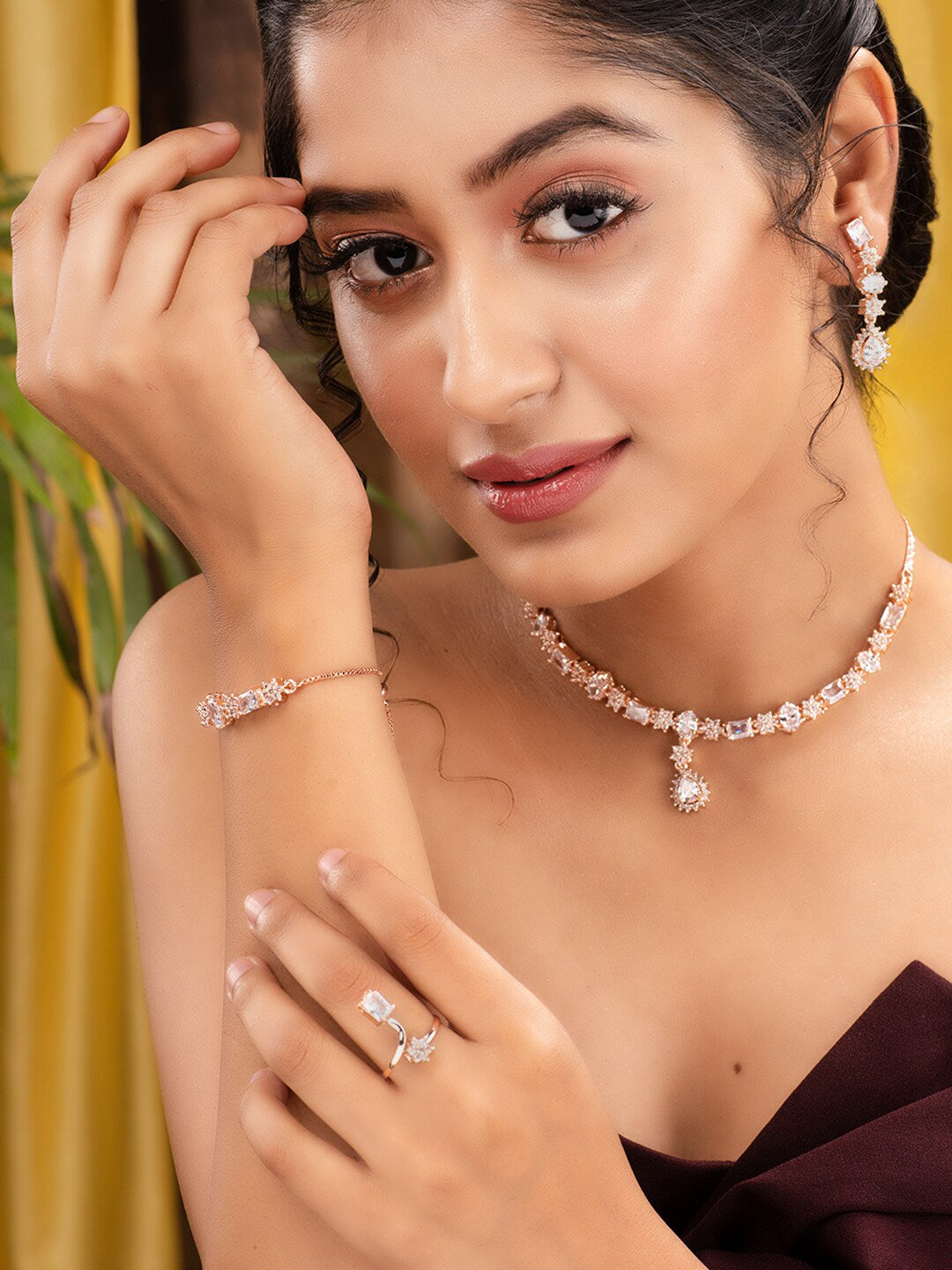Saraf RS Jewellery Rose Gold-Polished AD Studded Designer Jewellery Set - Swadesiicart