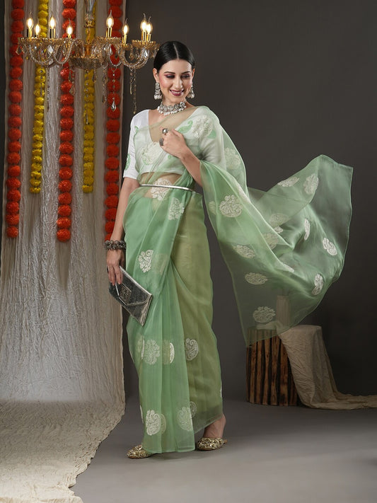 Saree Mall Olive Green & White Paisley Embroidered Organza Banarasi Sarees | Swadesiicart
