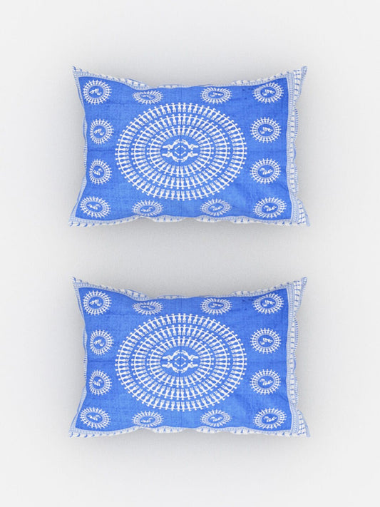 Urban Magic Blue Ethnic Motifs Printed Cotton 104 TC Queen Bedsheet With 2 Pillow Covers - Swadesiicart
