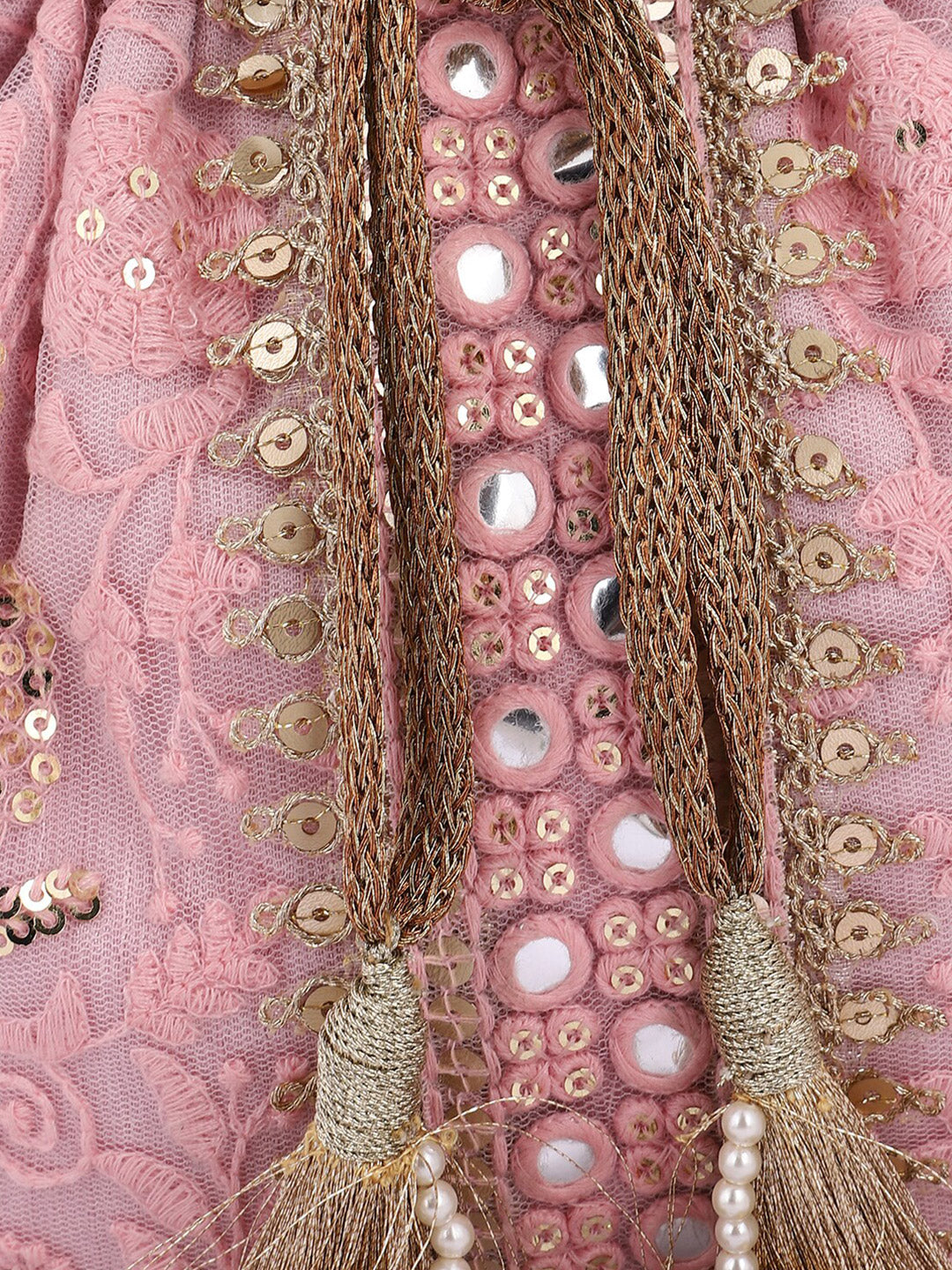 Masq Pink and Gold-Toned Embroidered Potli Clutch - Swadesiicart