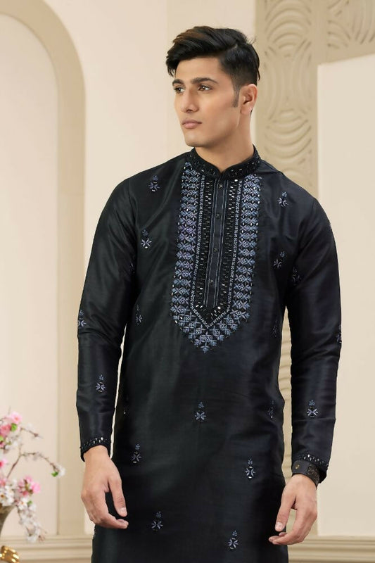 Raivat Ethnic Banarasi Art Silk Thread and Mirror Work Kurta Pajama In Black Colour | Swadesiicart