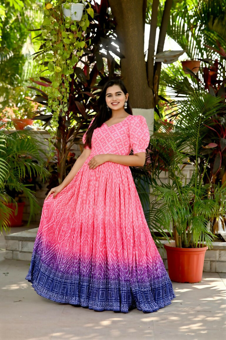 Jyoti Fashion Women's Pink Bandhej Print with Crush Pleating Muslin Anarkali Dress | Swadesiicart