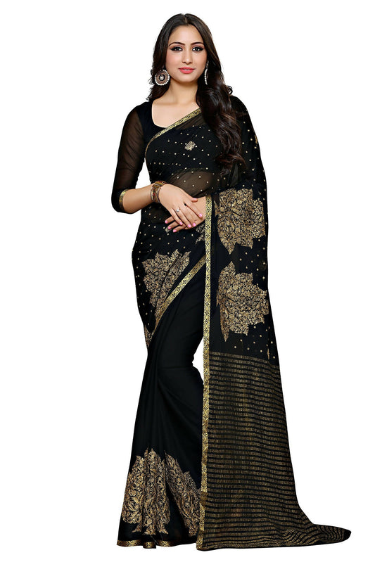 Mimosa Women's Banarasi Chiffon Black Saree | Swadesiicart