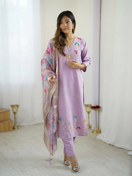 The52 Lavender Women's Gorgeous Embroidered work Viscose Gadhwal Fabric Straight Kurta, Pant and Dupatta Set - Swadesiicart