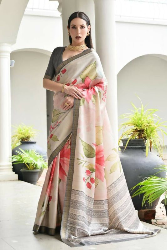 Vishnu Weaves Women's Grey Satin Silk Printed Saree with Blouse - Swadesiicart