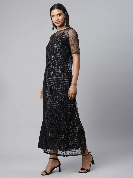 Ahalyaa Womens Black Crepe & Net Glitter Print Jumpsuit - Swadesiicart