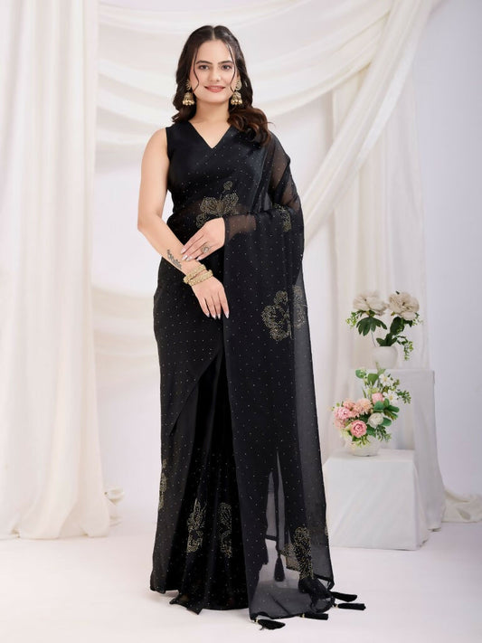 Black Rangoli Silk Diamond Work Ready To Wear Saree - Tamana | Swadesiicart
