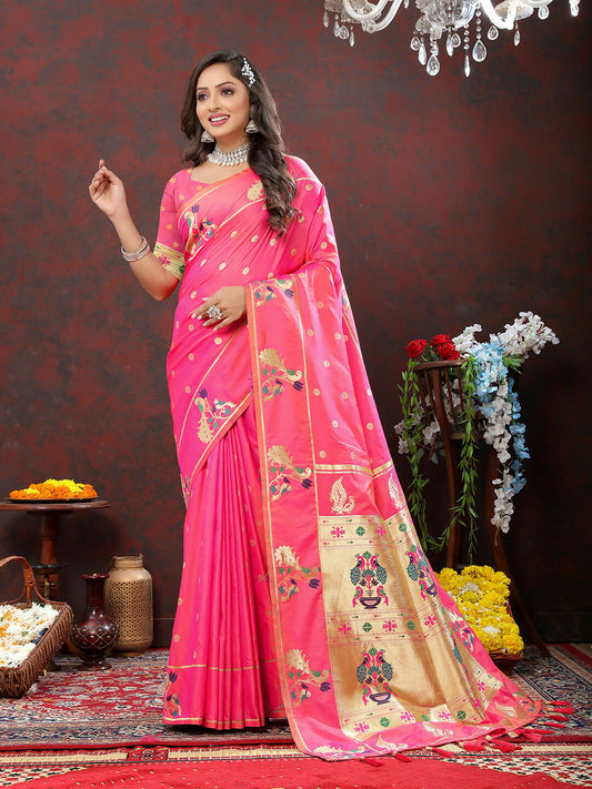 Lorenvalley Fashion Pink Soft Paithani Silk Woven Design Gold Zari Meenakari Weaving Saree - Swadesiicart