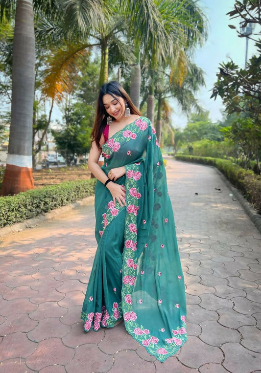 Vamsee Nimrat Sea Green Organza Silk Saree - Swadesiicart