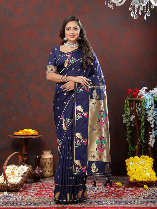 Lorenvalley Fashion Navyblue Soft Paithani Silk Woven Design Gold Zari Meenakari Weaving Saree - Swadesiicart