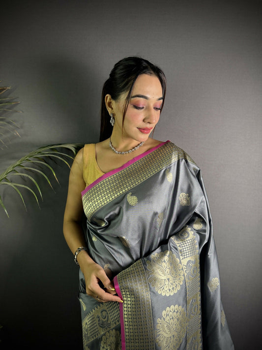 Joban Fashion Dark Grey Banarasi Soft Lichi Silk Paisley Saree | Swadesiicart