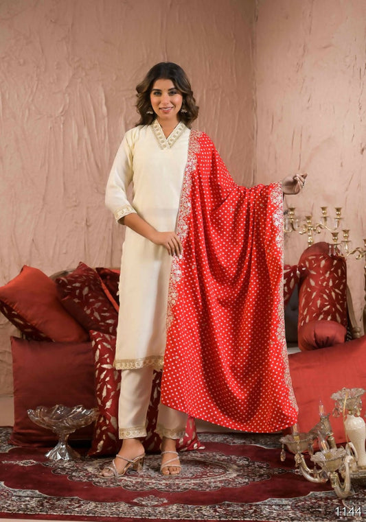 Ethnic Festive Wear Reyon Slub Off White Stitched Suit With Dupatta - Tanisha | Swadesiicart