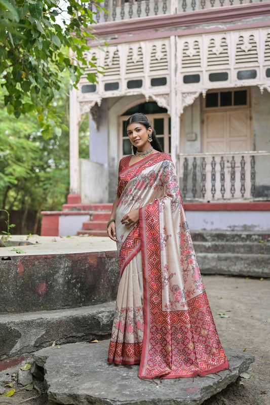 Vishnu Weaves Women's Coffee Soft Tussar Silk Small Zari Woven Border Saree with Blouse - Swadesiicart