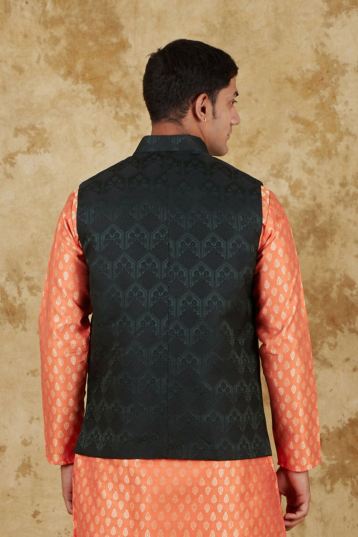 Bluesaanchi Men's Jacquard Orange Waistcoat | Swadesiicart